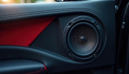 Fototapeta premium High-quality car audio speakers installed in a vehicle's door panel , automotive parts, amplifier
