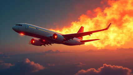 Fototapeta premium Aeroplane crushing heat and burning fire flames illustration and realistic image 