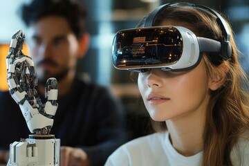 Woman wearing virtual reality headset interacting with robotic hand while man observes in blurred background