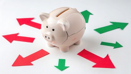 Economic risk market volatility  consumer confidence Piggy bank surrounded by arrows indicating financial growth and decline, symbolizing savings and investment decisions.