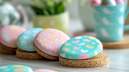 Fototapeta premium Colorful Decorative Cookies on Cork Coasters in a Bright Setting