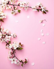 Delicate cherry blossom flowers in full bloom, showcasing soft pink petals and intricate details, set against a smooth, pastel pink background.