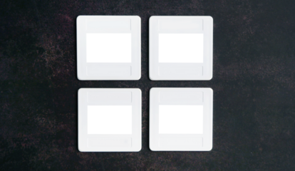 White Plastic Slide Frame Mount for slide film, transparent cutout isolated mock up template, Retro element, nostalgia, photograh, film camera in dark background