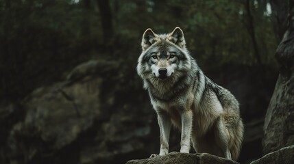 Obraz premium Grey wolf in the forest, intense gaze.