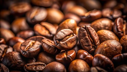 Fototapeta premium Roasted brown coffee beans, a dark and aromatic heap of caffeine-rich seeds, closeup