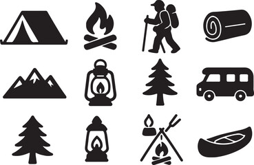 Camping elements set silhouette vector illustration on white background 