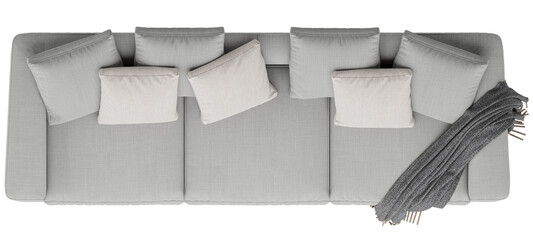 Top View of Light Gray Sofa with Multiple Cushions and Blanket