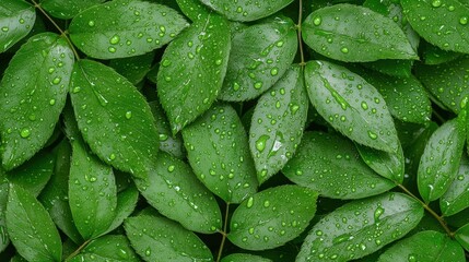 Lush Green Foliage with Glistening Beads of Dew Captured in a Natural Setting for Nature and Garden Photography