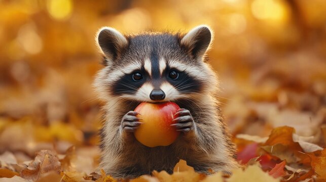 Lindo mapache comiendo una manzana en oto&ntilde;o.