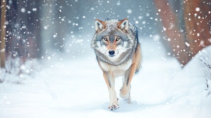 Fototapeta premium A majestic wolf strolls through a snowy forest.
