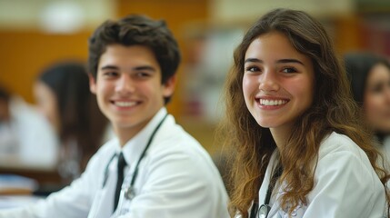 Fototapeta premium Two young medical students, a man and a woman, smile confidently while wearing their white coats. A bright and hopeful image of the future of medicine.