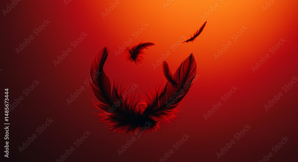 Aufkleber dark feathers float on fiery orange background artistic design element