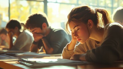 Young woman concentrating on her studies, bathed in warm sunlight.  The atmosphere is studious and focused.