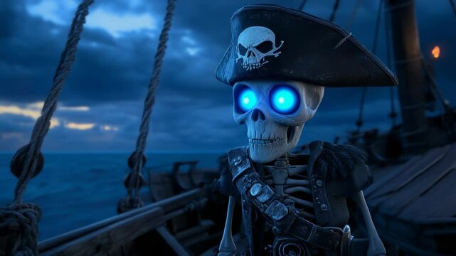 Glowing-eyed skeleton pirate on ship at night