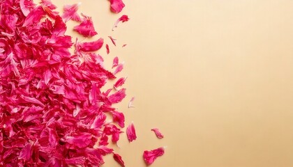 Fototapeta premium A single side scatter of dried pink peony petals on a light pink cream background