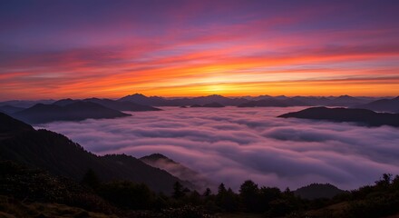 Fototapeta premium Mountains Overlooking Sea of Clouds at Colorful Sunset