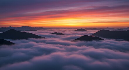 Mountains Emerging From Fog at Colorful Sunrise Scenery