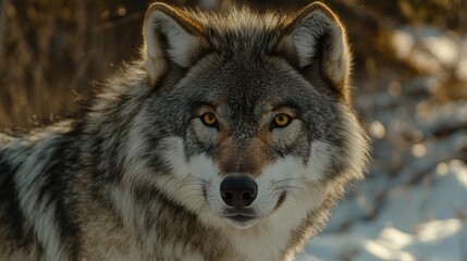 Close-up view of a wolf's attentive gaze.