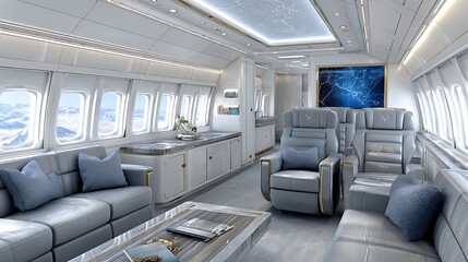 Luxury Jet Interior Featuring Slate Gray Chairs and Ambient Glow Lighting