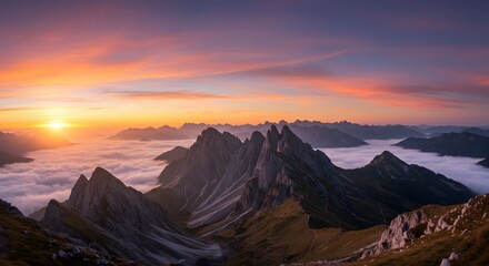 Mountain Peaks Emerging Above Clouds at Sunrise Scenic Landscape