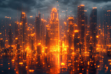 Obraz premium City lights illuminate a bustling urban street at night.