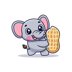Cute Cartoon Elephant Holding Big Nuts Vector Illustration Icon, Amimals Food And Drink, Cartoon Style Flat.