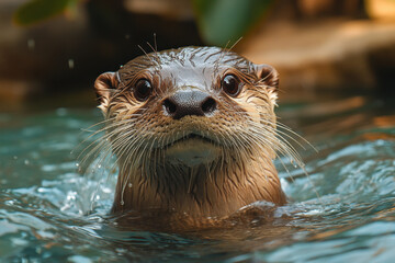 Close-up of otter in pool.