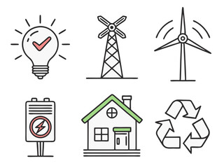 Renewable energy line icons set. Eco-friendly house, solar panels, wind turbines, solar panels. Vector illustration