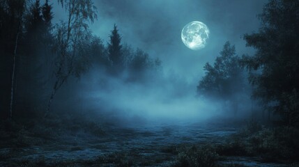 Naklejka premium Full Moon Over Foggy Blue Forest at Night