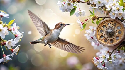 Fototapeta premium A ruby-throated hummingbird, a small bird with vibrant color, extends its beak towards a delicate flower in the wild garden, its wings a blur of flight in nature