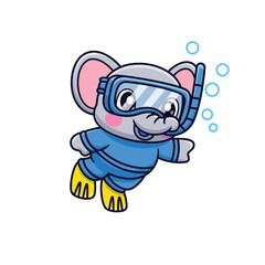 Cute Cartoon Elephant Diving Snorkeling Illustration Icon Vector, Animals Holidays.Cartoon Style Flat.
