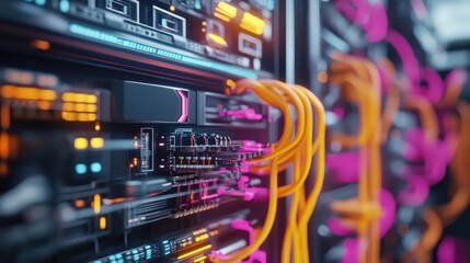 Naklejka premium Futuristic Server Room: Neon Lights and Data Cables