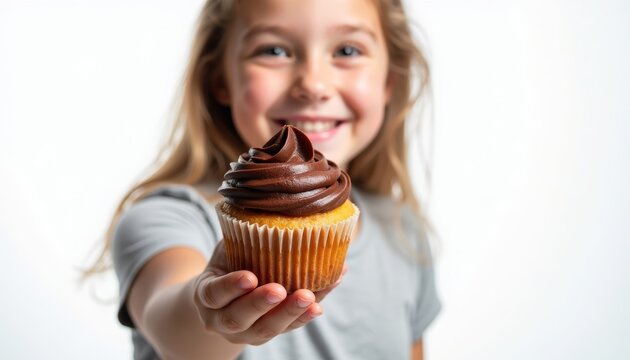 Girl smiling and holding chocolate cupcake with frosting in a bright setting