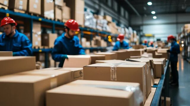 Warehouse workers in hard hats sort cardboard boxes. Efficient logistics and inventory management.