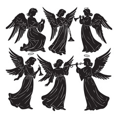 Set of black christmas angel silhouettes isolated on white background