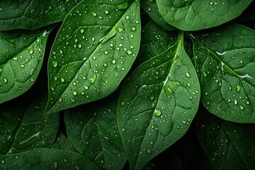 Vibrant spinach leaves glistening with fresh water droplets in a natural setting