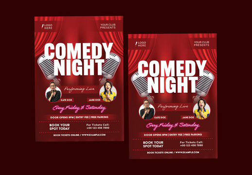 Comedy Night Editable Flyers with Female Stand-Up Performers in Red Color for Live Weekend Show.
