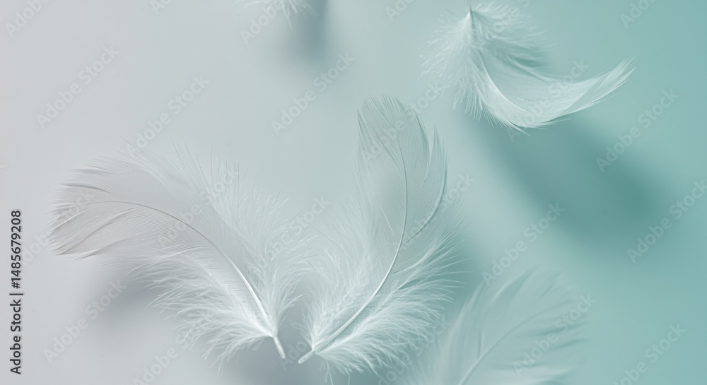 Poster elegant white feathers floating on a soft teal background subtle beauty design element