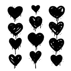Set of Spray painted graffiti heart signs with filling in black over white. Hand drawn dirty grungy love symbols. Textured vector illustration.