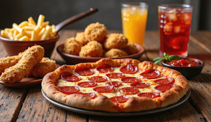 Delicious Pepperoni Pizza with Sides and Drinks on a Wooden Table