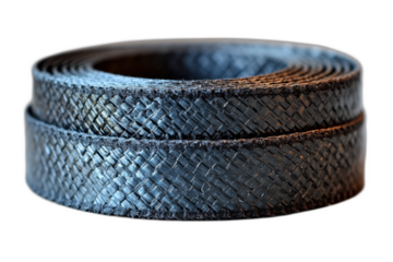 Black leather belt with braid pattern isolated on transparent background.