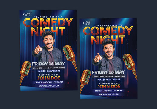 Comedy Night Flyer with Smiling Male Comedian for Club Event Promotion, Editable Design.