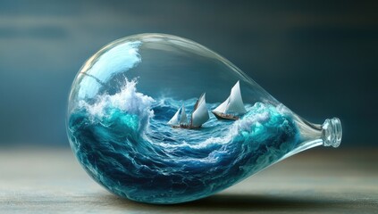 A miniature ship navigates turbulent seas within a glass sphere