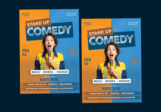 Stand-Up Comedy Show Flyer with Female Performer for Club Event Promotion, Editable Design.