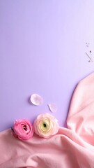 A cluster of delicate pink rose flowers with lush green leaves, beautifully arranged against a rich purple background, creating a vibrant and elegant contrast.