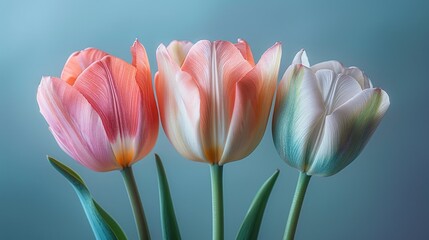 Naklejka premium Pink, Orange & White Gradient Tulips on Teal Background, Botanical Art Illustration for Floral Design, Decor, and Nature-Themed Projects