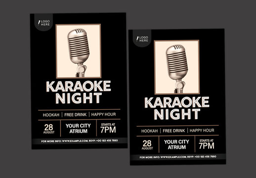 Karaoke Night Flyers with Vintage Microphone in Black Color for Event Promotion, Editable Design.