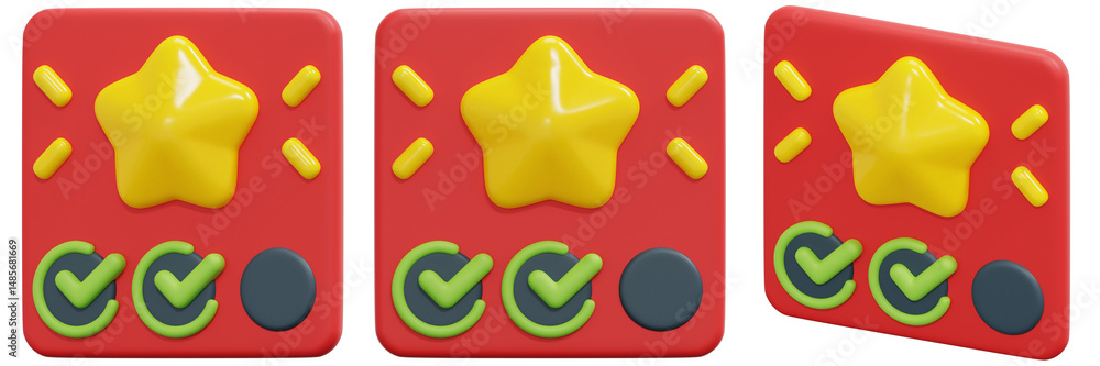 Poster set of 3d rendered red square icons featuring a yellow star and checkmarks 3d render icon illustrati