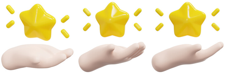 Set of 3D Yellow Stars Above Open Hands 3d Render Icon Illustration