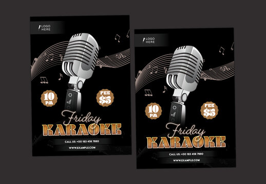 Friday Karaoke Night Flyers with Vintage Microphone in Black Color for Event Promotion, Editable Design.